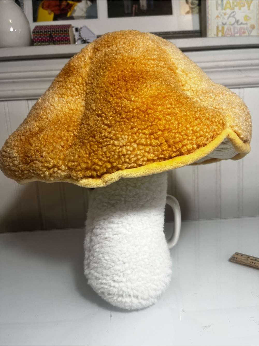 Plush Mushroom Decor Cottagecore Sherpa Corduroy Yellow Gold Toadstool Pillow - Picture 2 of 13